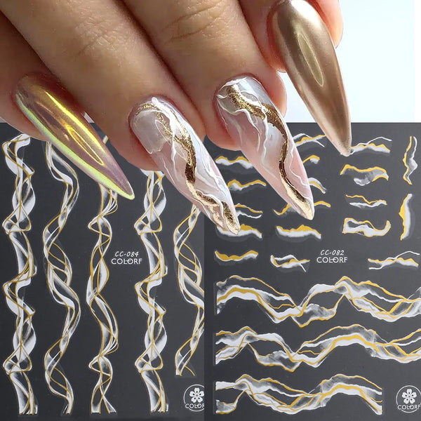 Elegant Gold Marble 3D Metallic Wave Stripes Nail Art Stickers - Geometric Manicure Decals for Creative Nail Designs and Stunning French Tips